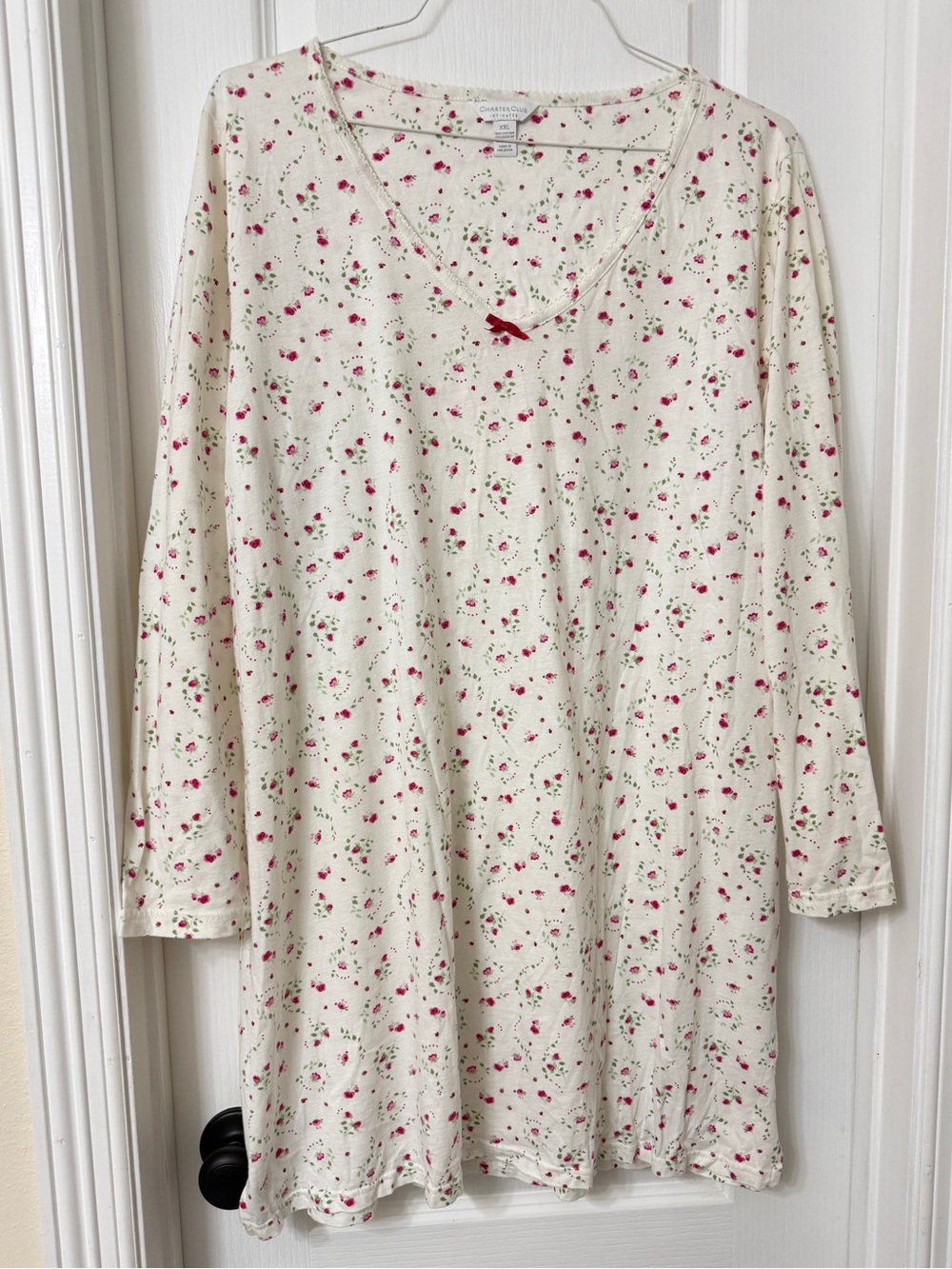 Charter Club Ivory long sleeve knit nightgown dress red floral 100% cotton XXL